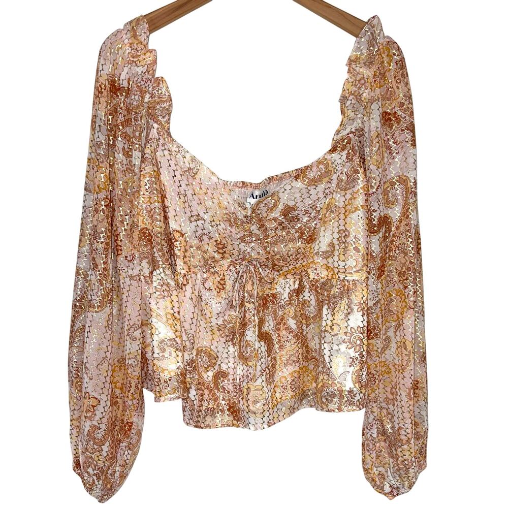 ARULA Metallic Paisley Peasant Blouse in Gold and Cream